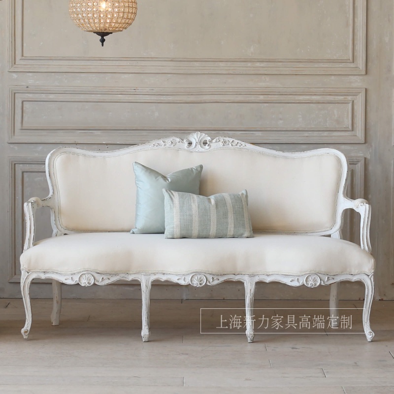 法式復古實木沙發奢華宮廷白色布藝三人沙發椅扶手椅高檔設計定制