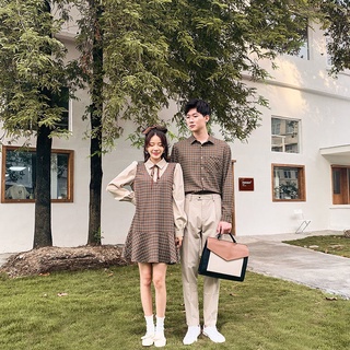 【COUPLE】💕💕情侶裝春裝2022春季新款韓版格子學院風連衣裙套裝