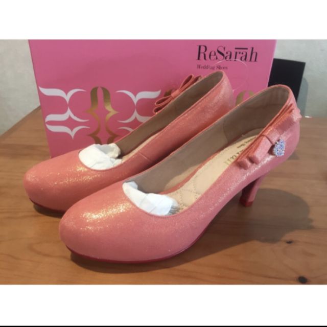 ReSarah 粉紅色 婚禮鞋 高跟鞋 37號 婚鞋 珠光桃花 手工婚鞋