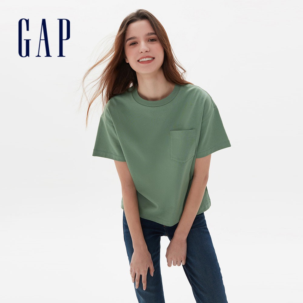 Gap 女裝 舒適圓領短袖T恤 厚磅密織系列-墨綠(540785)