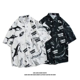2 色【 M-3XL 】街頭嘻哈潮流休閒襯衫男士個性圖案短袖襯衫超大半袖襯衫