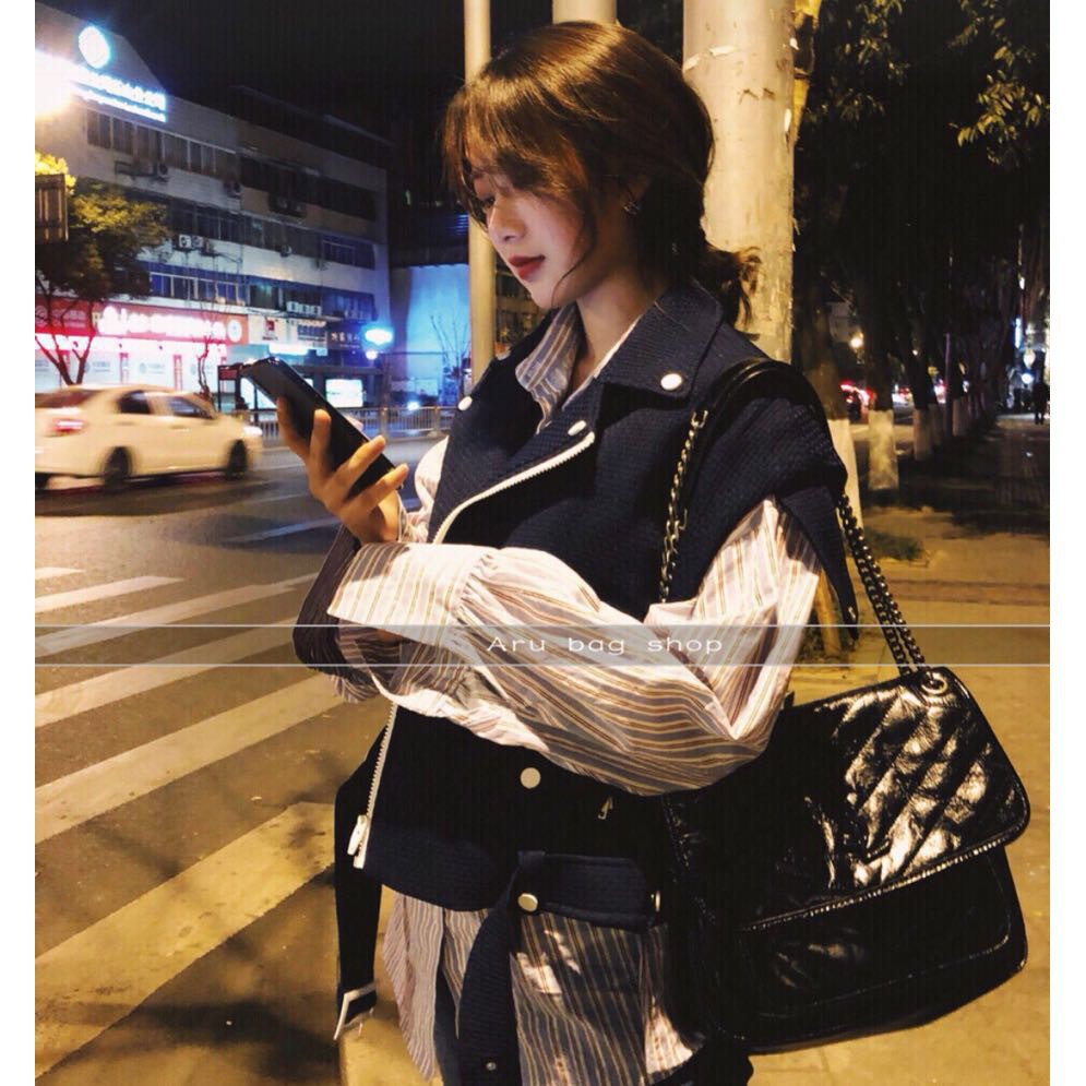 19專櫃實拍新款女士niki復古褶皺和絎縫黑色真皮單肩包女包鏈條包v紋郵差包ysl包包聖羅蘭斜挎包肩背包牛皮側背包