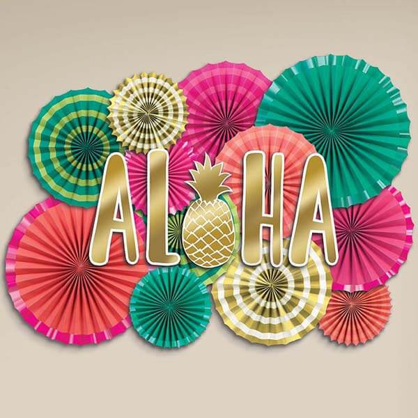 派對城 現貨 【扇形紙卡裝飾22入-Aloha】 歐美派對 派對裝飾 紙扇花 吊飾 天花板裝飾夏日 派對佈置 拍攝道具