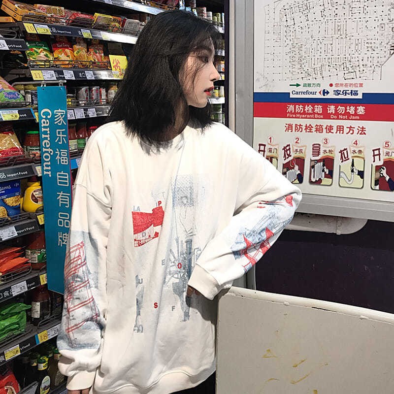 花倫潮社丨pso Brand 潮牌紅白藍滿印抓絨男女圓領寬松套頭衛衣 蝦皮購物