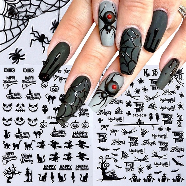 萬聖節指甲黑色貼紙指甲藝術貼花蜘蛛鬼南瓜酷幽靈滑塊包裹指甲裝飾美甲