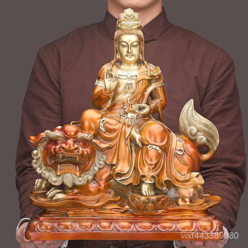 【現貨】純銅文殊菩薩佛像擺件開光青毛獅子佛教神像家居客廳供奉鎮宅辟邪熱銷