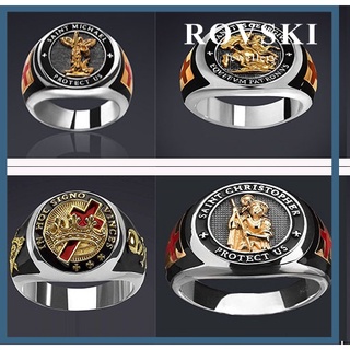 ROVSKI 時尚韓國飾品男士不銹鋼戒指金色互助標誌復古潮滴手指