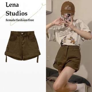 【LenaStudios】美式復古vintage高腰卷邊牛仔短褲 牛仔寬褲闊腿褲 直筒褲