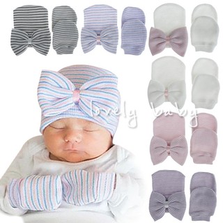 Baby Studio✨ 歐美胎帽+手套 兩件組 蝴蝶結帽 新生兒帽 彈性針織帽 #H01-004