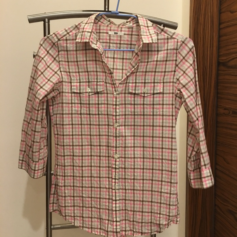 二手衣 uniqlo優衣庫粉色格子襯衫～8成新S號～便宜賣