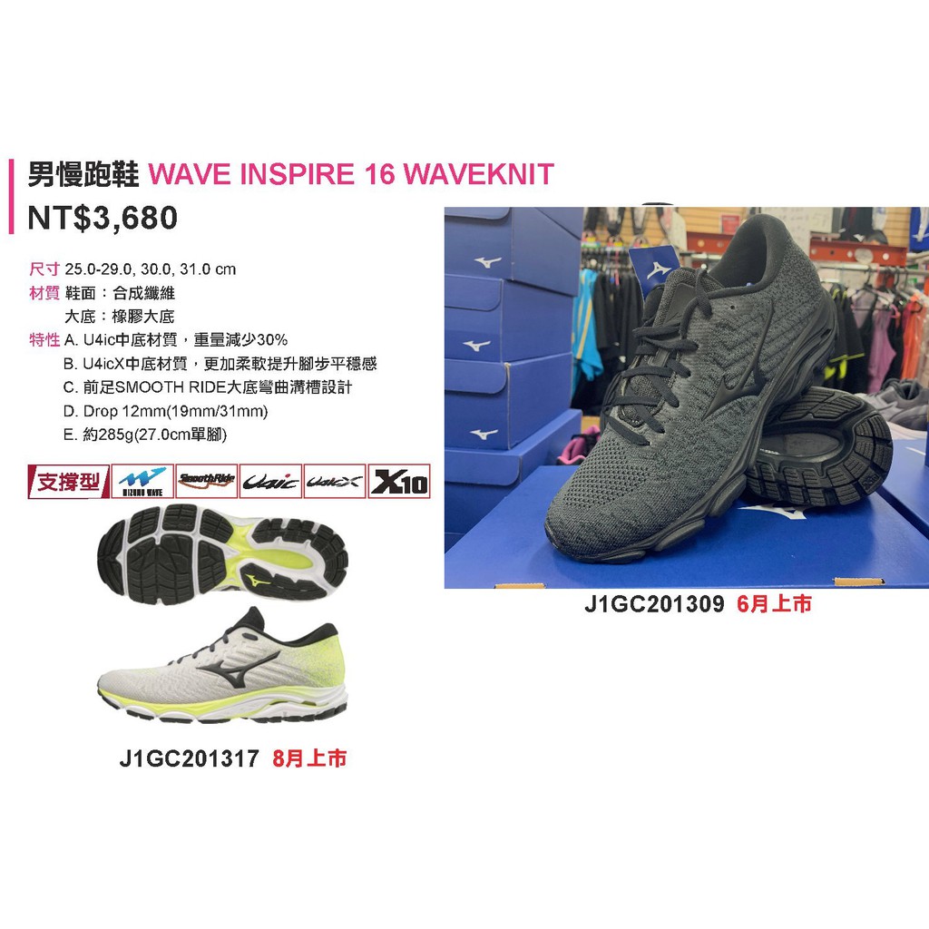 5.5折出清!《典將體育》Mizuno 美津濃 WAVE INSPIRE 16 KNIT 支撐型 慢跑鞋