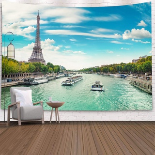 美麗的巴黎塞納河畔和埃菲爾鐵塔風景掛布背景布節日派對裝飾ins網紅藍天白雲背景牆布訂製款掛毯電視背景牆ins網紅客廳房間