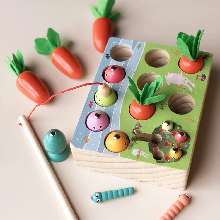 兒童木製磁力性釣魚 捉蟲子拔蘿蔔玩具 顏色空間大小認知啟蒙益智玩具 兒童玩具益智玩具 套裝1歲寶寶玩具禮物【包郵】