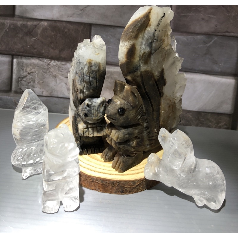 天然白晶簇松鼠🐿️ 原礦雕件 1對 白水晶迷你動物 擺件（寶可手作）