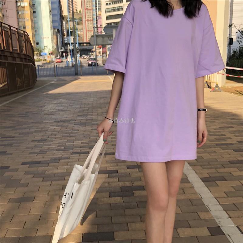 女生t桖 純棉淡紫色大白中長款下衣消失t恤上衣女短袖香芋紫粉紫色寬松桖 赤肯赤肯也