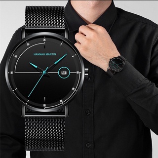Hannah Martin 男士手錶簡約設計石英手錶不銹鋼網狀 Masculino Relogio 超薄日曆