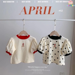 🎏桃氣BABY🍑韓國童裝兒童T恤2021夏季洋氣女童時尚撞色波點卡通寶寶短袖上衣t