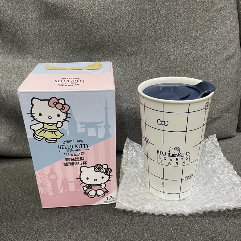 全新 Hello Kitty &amp; Lowrys Farm聯名造型雙層隨行杯 陶瓷杯 白色 格紋款 350ml 扣壓式杯蓋