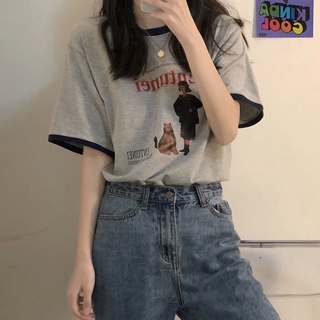 100%純棉港風復古正肩t恤短袖女設計感小眾美式寬鬆上衣學生韓版
