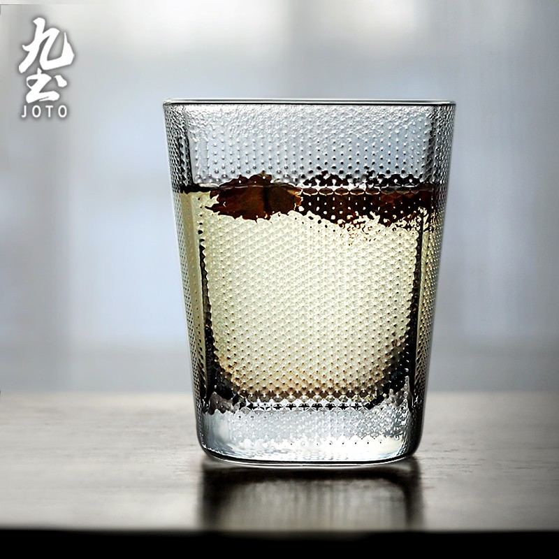 九土創意透明玻璃水杯日式玻璃水杯錘紋方形透明杯子家用女冷飲咖啡果汁杯牛奶杯威士忌酒杯奶酪杯果凍杯檸檬水杯CUPR0540