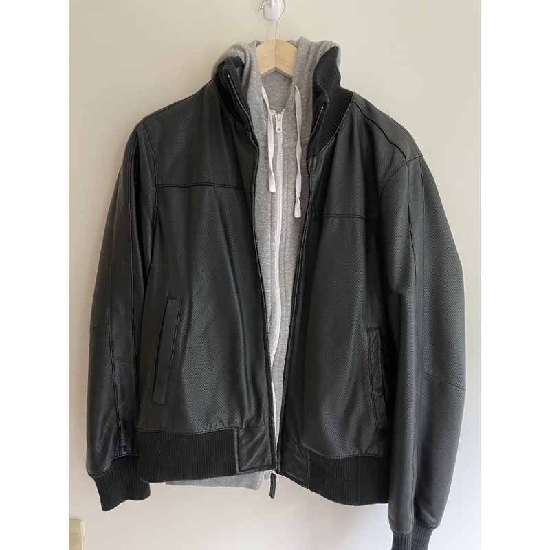 Esprit 黑色皮衣 男 休閒 皮衣 重機皮衣 Leather jacket allsaints 含 灰帽T