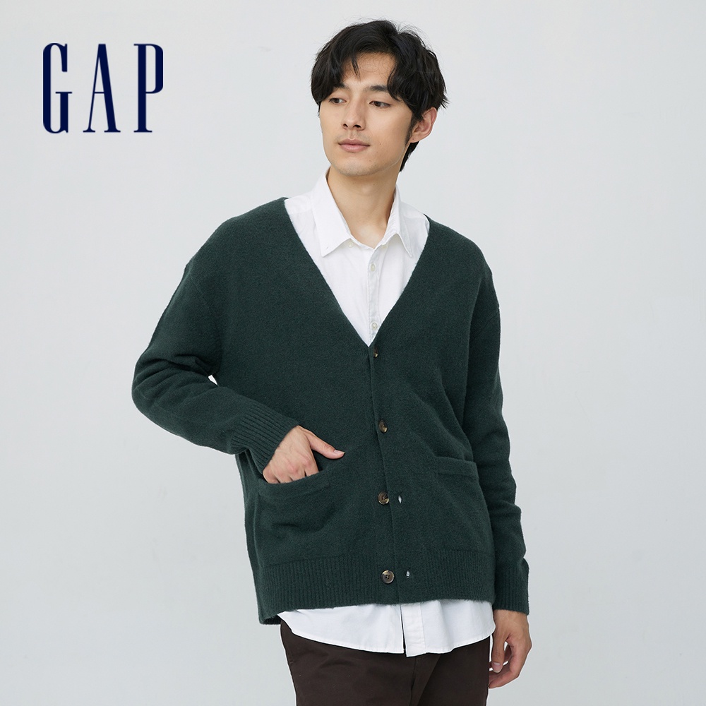 Gap 男裝 紳士羊毛混紡針織外套-墨綠色(883685)