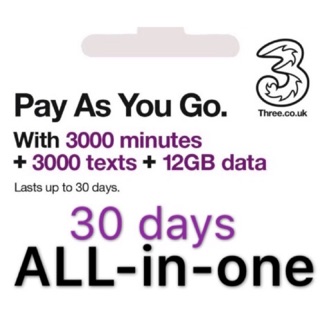 原裝歐美亞 12GB30日 4G/3G SIM 行動網絡卡英國3電信