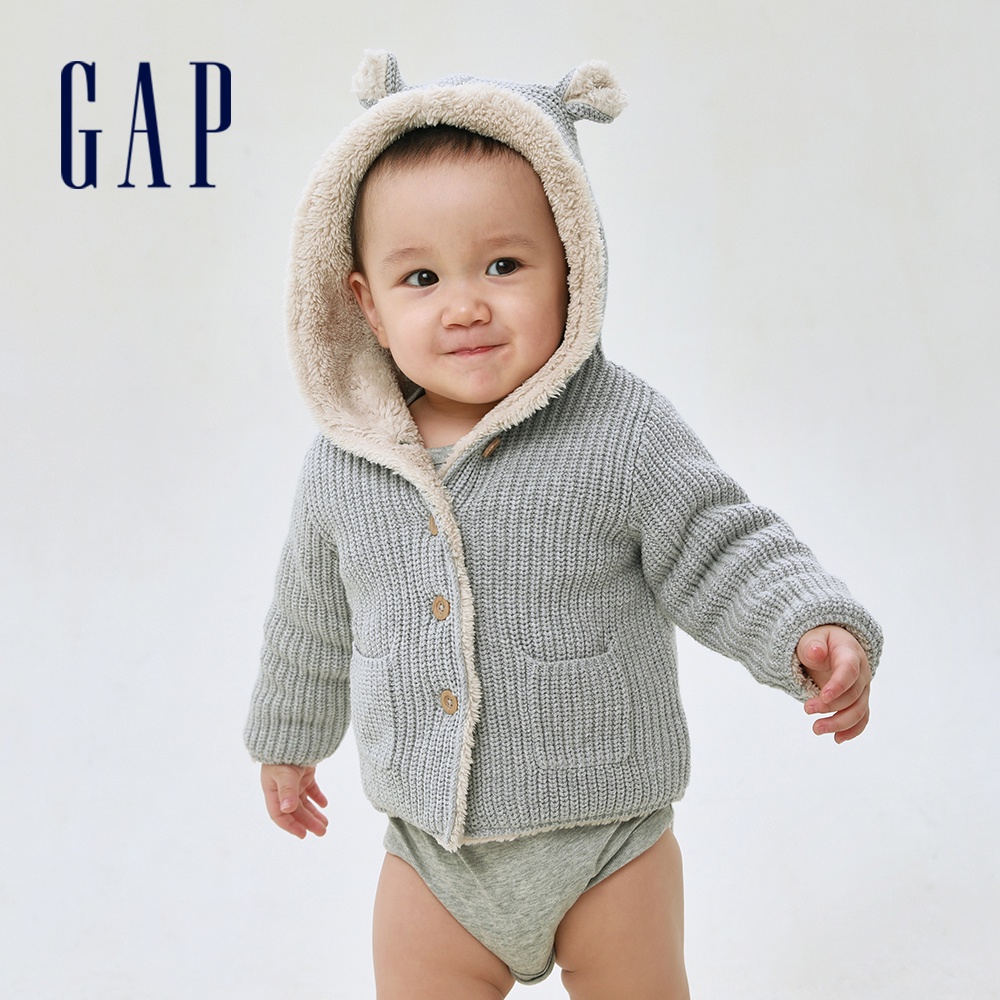Gap 嬰兒裝 立體熊耳仿羊羔絨鈕釦外套-灰色(428052)
