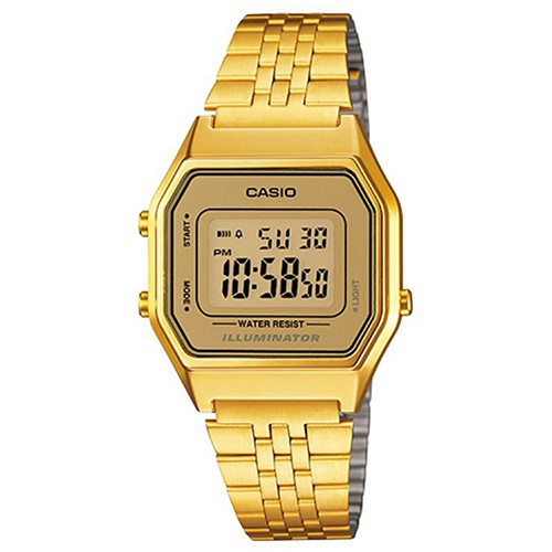 【CASIO】方格普普風不鏽鋼電子金錶-黃面(LA-680WGA-9)正版宏崑公司貨