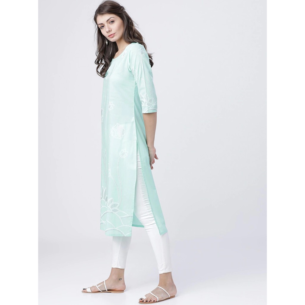 【Lakshmi各國好物 印度】 印度品牌 海綠色印花Kurta/長版上衣(不含褲子)