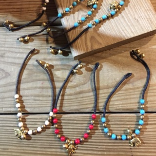 蠟繩 鈴鐺 黃銅 腳鍊 大象 串珠編織 印度製 獨品民族風