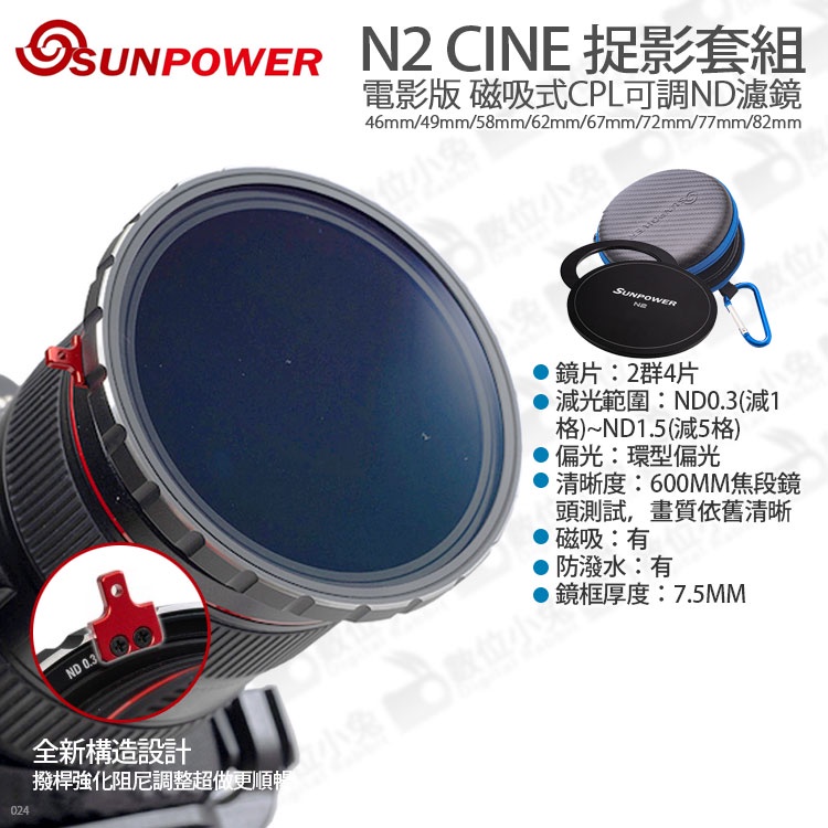 數位小兔【SUNPOWER N2 CINE 磁吸CPL可調ND濾鏡 捉影套組 多規格可選】偏光鏡減光鏡77mm 82mm