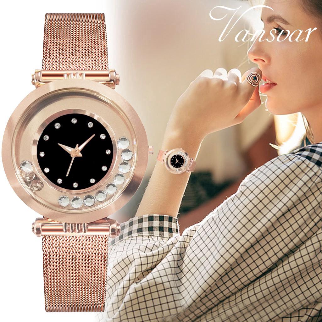 時尚女士玫瑰金網帶腕錶鑽石不銹鋼石英表
