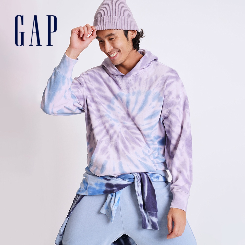 Gap 男女同款 紮染柔軟帽T 冰淇淋系列 碳素軟磨法式圈織系列-淡紫色紮染(755619)