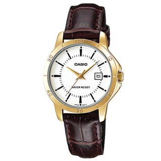 【CASIO】日系小鏡面典雅皮帶金框女錶-羅馬白麵 (LTP-V004GL-7A)正版宏崑公司貨