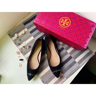 TORY BURCH 黑色麂絨尖頭娃娃鞋 金色金屬LOGO 芭蕾舞鞋 tb包鞋 附鞋盒 專櫃購回 us5.5