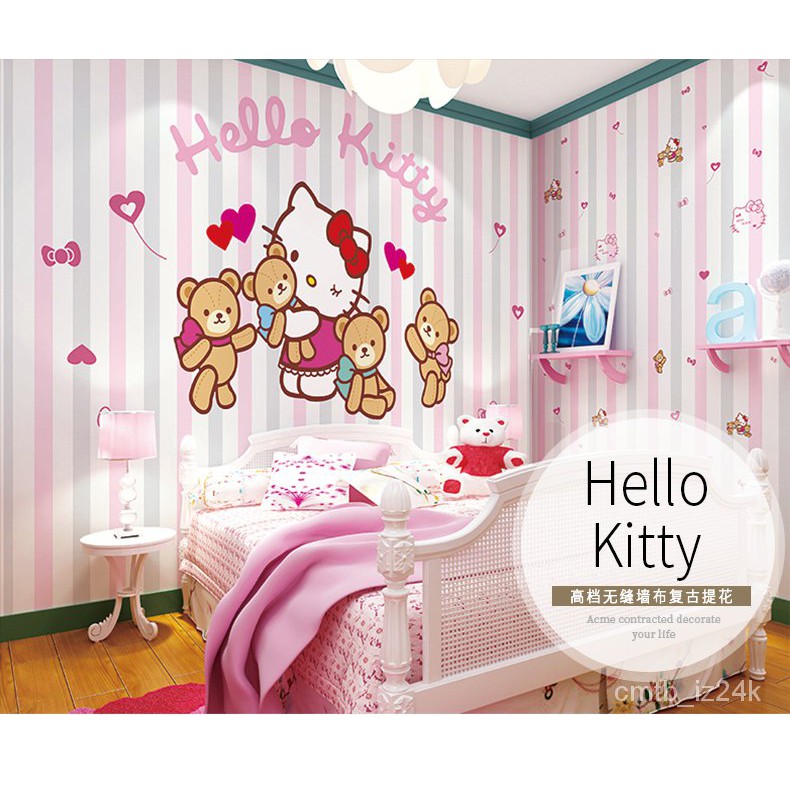 墻紙 墻布 卡通兒童房壁紙女孩臥室公主房間背景墻布壁畫hello Kitty凱蒂貓 蝦皮購物