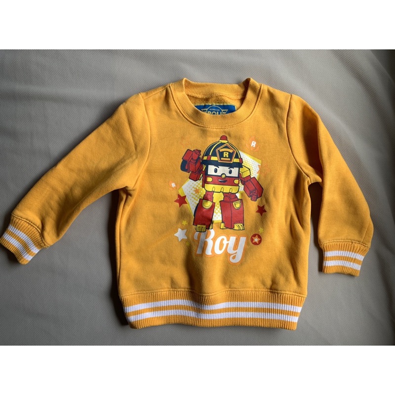 二手童衣童裝-男童 ROBOCAR POLI 黃色ROY消防車🚒 長袖T恤上衣/內磨毛衛衣 #90cm（客訂保留）