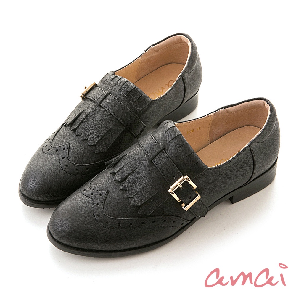 amai 真皮流蘇低跟牛津鞋 低跟 樂福鞋 孟克鞋 真皮鞋 上班鞋 真皮 百搭 時尚 學院風 大尺碼 黑色 Z-36BK