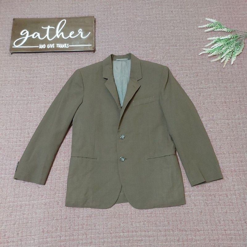 古著 復古 直條 VINTAGE 訂做 60S 男西裝外套 老品 單排雙釦條紋 暗綠咖 古著西裝外套
