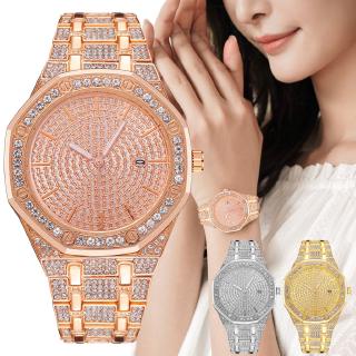 豪華全鑽女士玫瑰金手鍊手錶帶日曆防水不銹鋼手錶