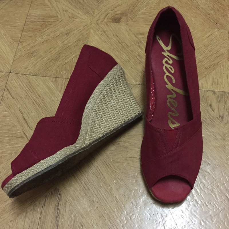 Skechers 24.5 露趾 厚底 楔型涼鞋 高跟鞋 紅色
