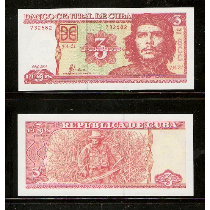 【低價外鈔】古巴2004年 3PESO 披索 紙鈔一枚，切格瓦拉像，少見~