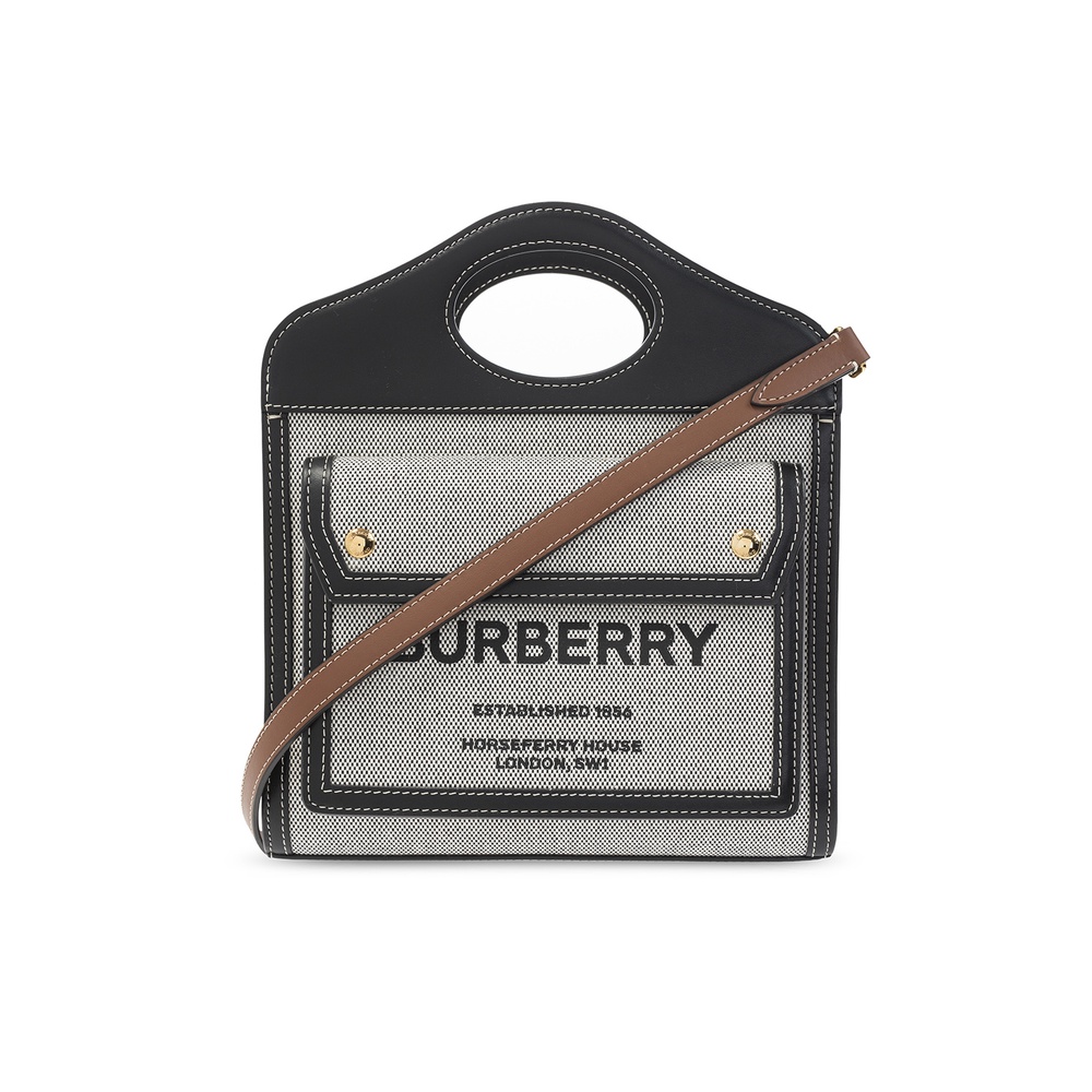 Burberry 80393631 迷你徽標圖案帆布拼皮革口袋Pocket 包 自然色/黑色