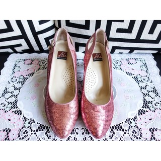 品牌阿瘦A.S.O亮片粉紅色高跟鞋中跟鞋包鞋結婚鞋宴會鞋5.5(22.5)小腳