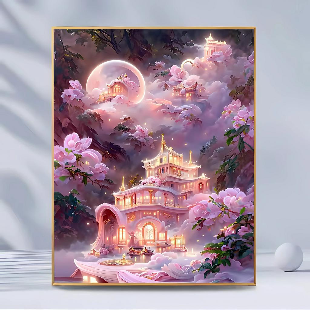 🔥台湾促銷🔥 40*50cm有框數字油畫風景畫藍色妖姬手工畫裝飾畫填充畫天宮城堡公主兒童畫繪畫可做禮物