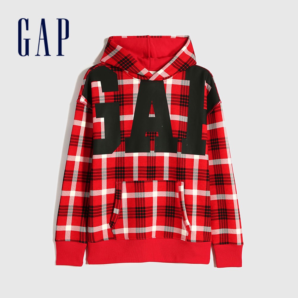 Gap 男裝 Logo撞色帽T-紅色格紋(656135)