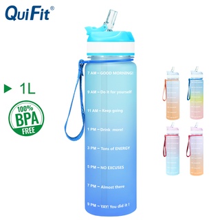 Quifit Tritan 水瓶帶吸管時間標記 BPA 免費用於運動和戶外健身瓶(1 升)