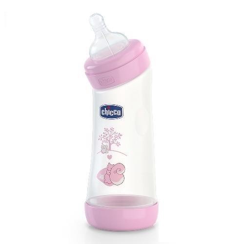 Chicco 寬口舒適哺乳-甜美女孩彎式矽膠PP大奶瓶250ML(小單孔)