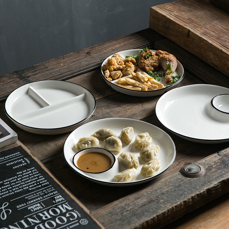 創意一人食餐具 211餐盤 陶瓷碗盤 陶瓷盤子 陶瓷盤 陶瓷餐盤 三格盤陶瓷點心盤 餃子盤帶醋碟蒸水餃盤